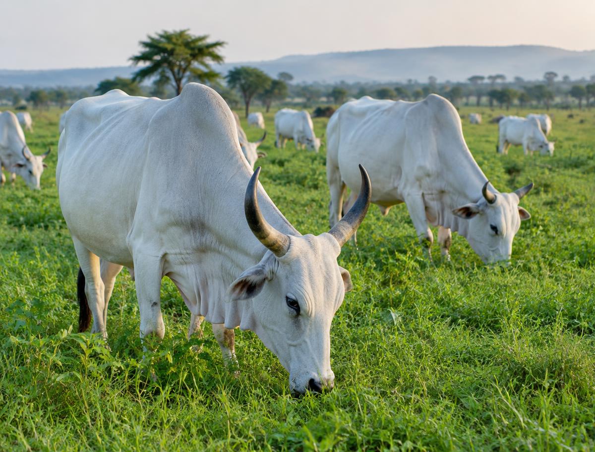 Cattle grazing on green pasture