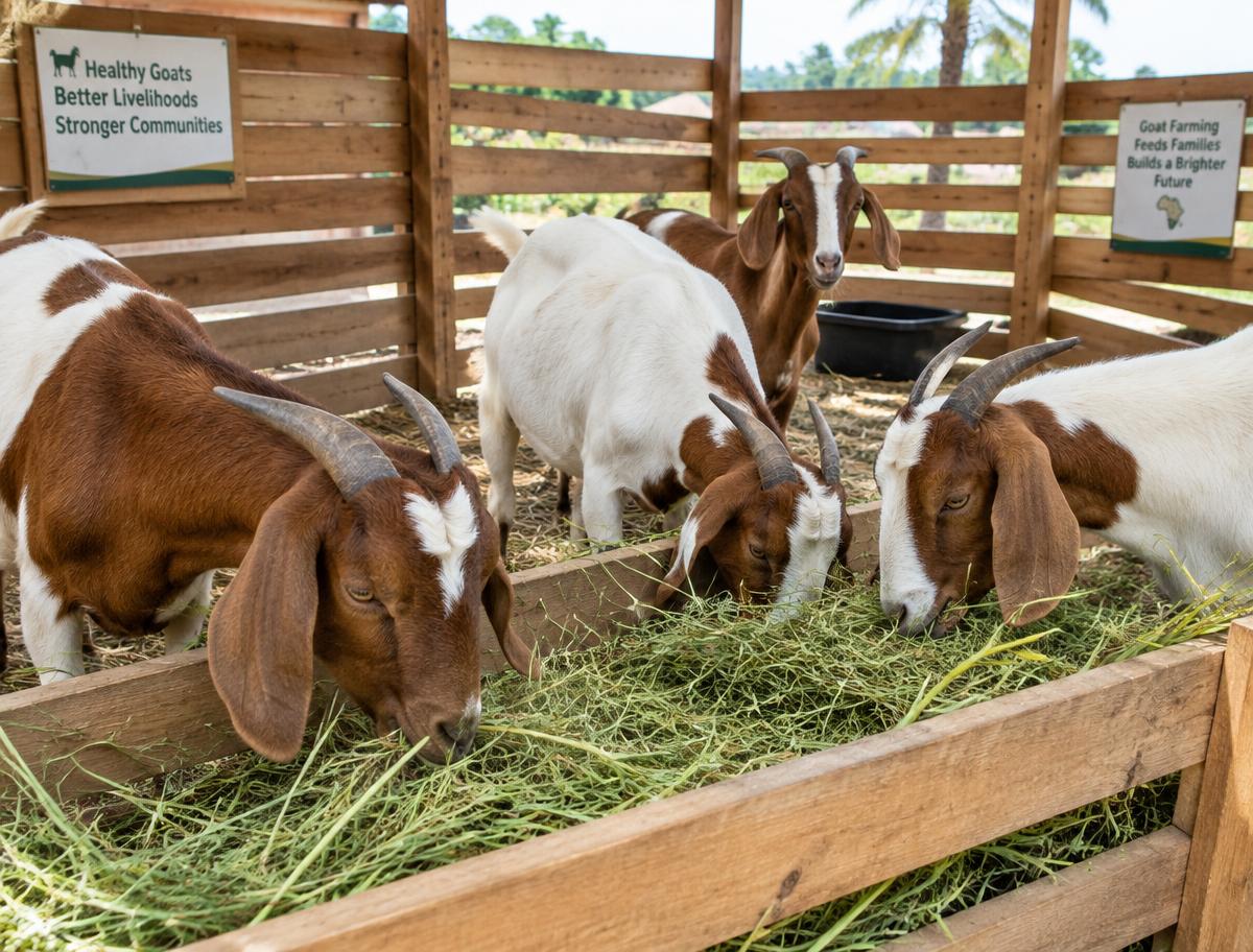 Goats feeding on fresh hay in a clean enclosure