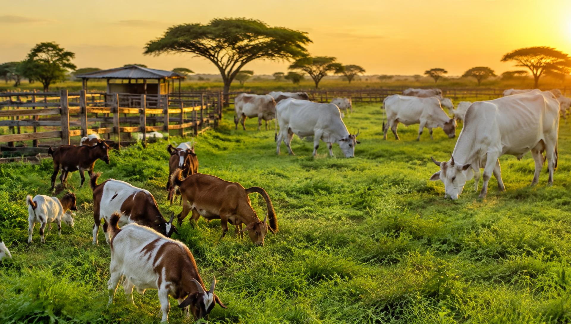Cattle and goats grazing on a farm at sunset