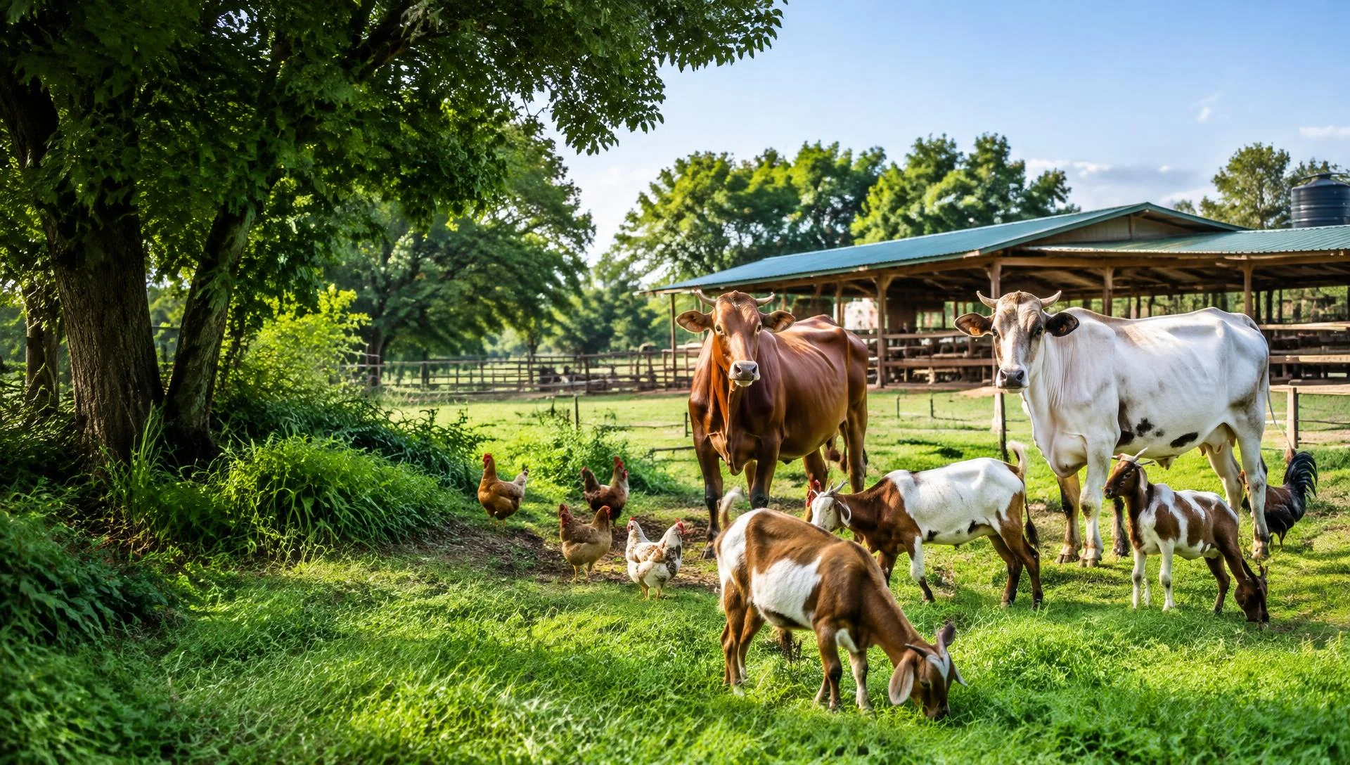 Healthy cattle, grazing goats and poultry beneath leafy trees near well-maintained animal housing; illustrative farm image