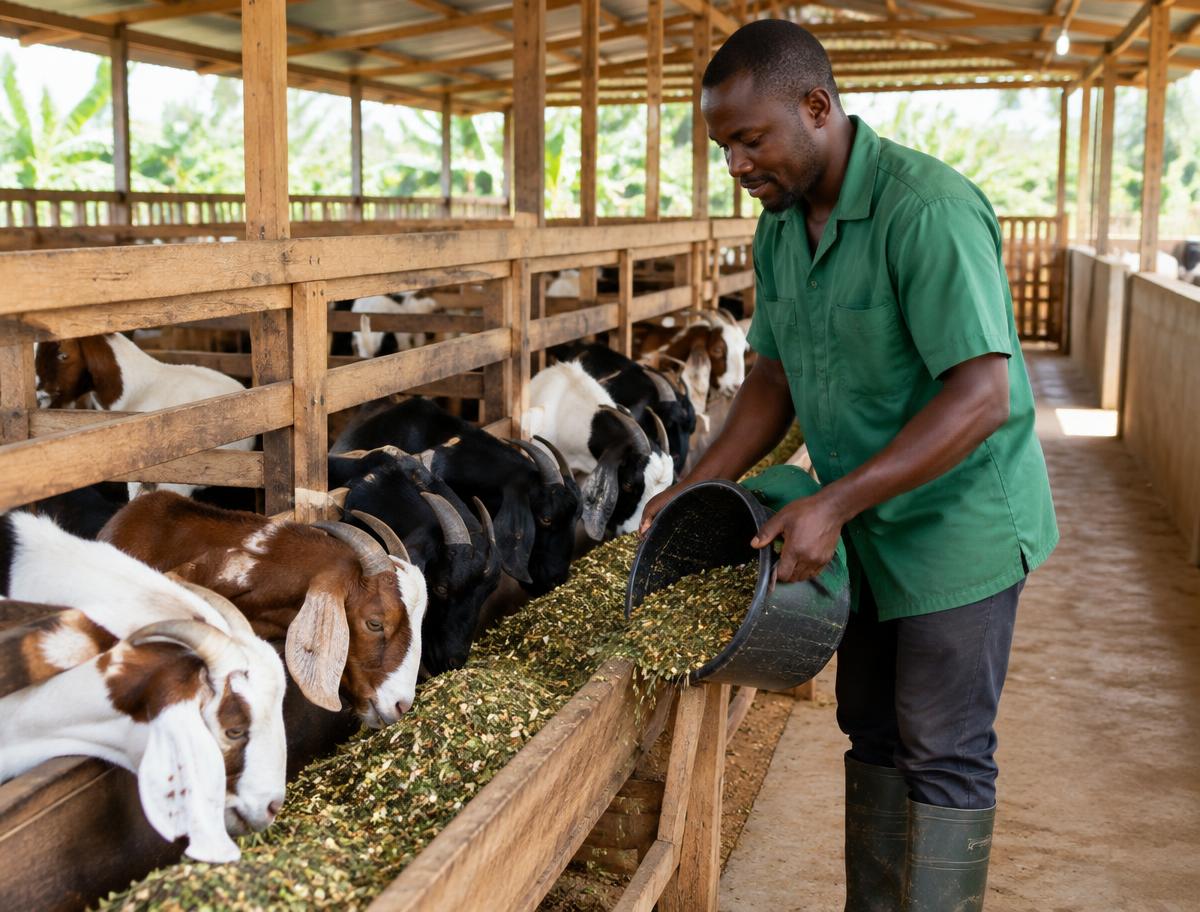 Farm worker feeding goats in a livestock barn