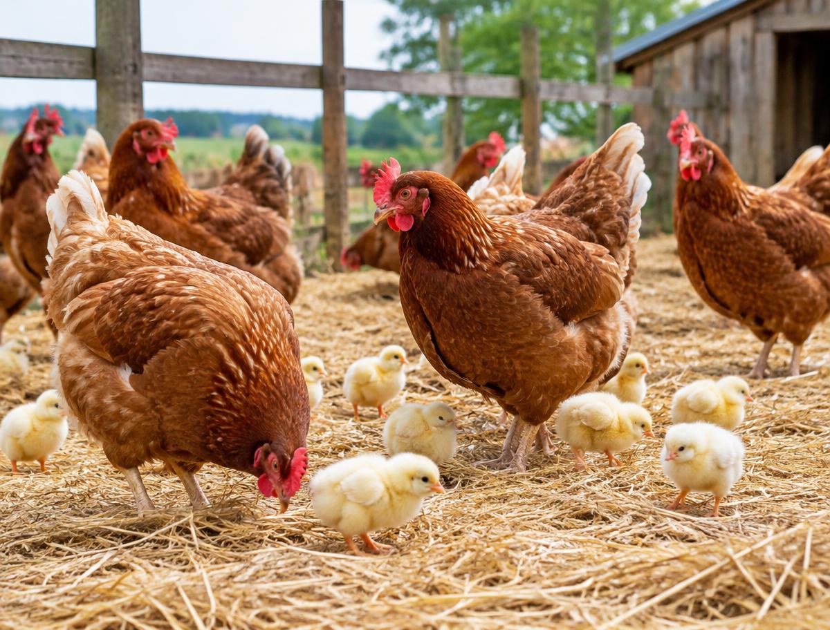 Brown hens and yellow chicks on clean straw