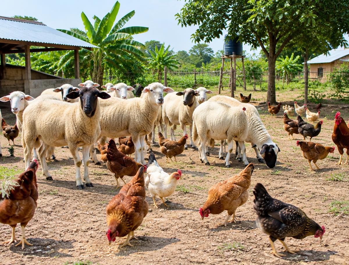 Sheep and free-range poultry in a farm yard